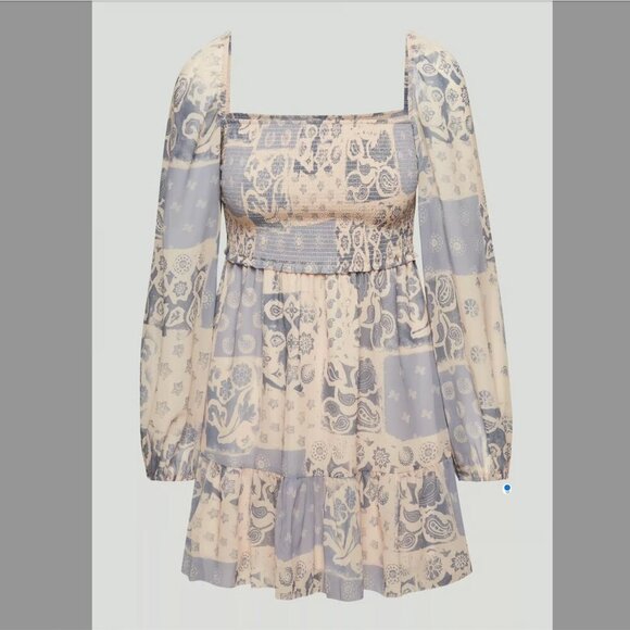 Wilfred Aritzia Small Tempest Mini Dress Smocked Wheat/Basalt Grey - Picture 1 of 7
